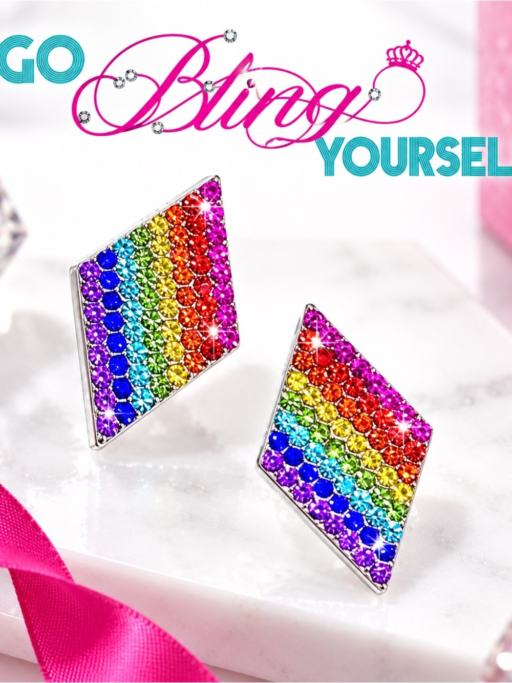 Multicolor Rainbow Crystal Diamond-Shape Stud Earrings